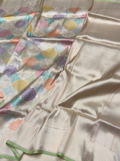 Ivory Handwoven Pure Banarasi Rangkaat Silk Saree