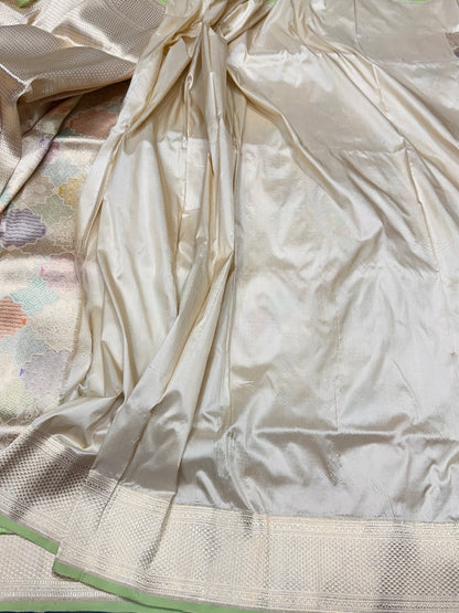 Ivory Handwoven Pure Banarasi Rangkaat Silk Saree