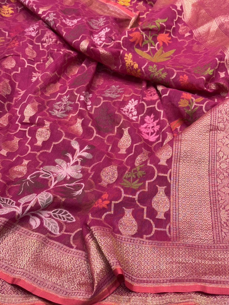 Magenta Pink Pure Muslin Cotton Jamdani Silk Saree