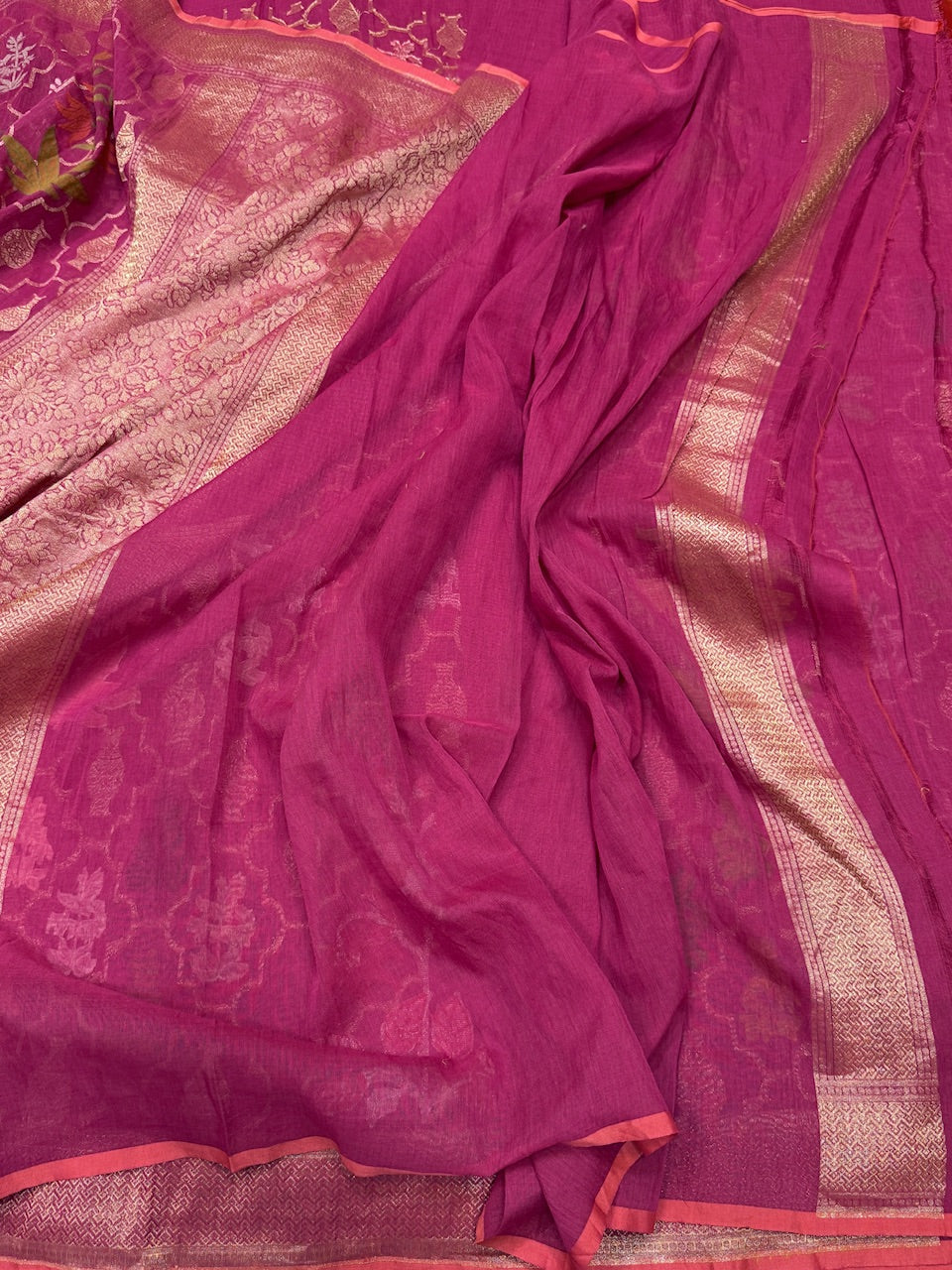 Magenta Pink Pure Muslin Cotton Jamdani Silk Saree