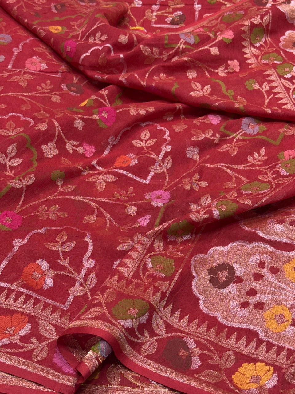 Red Pure Muslin Cotton Jamdani Silk Saree