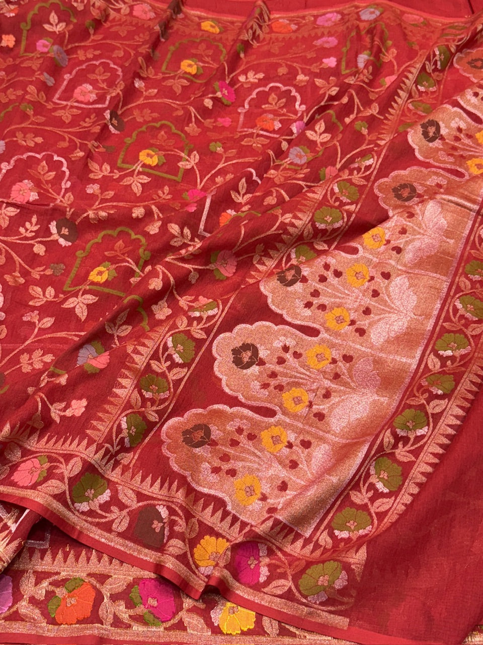 Red Pure Muslin Cotton Jamdani Silk Saree