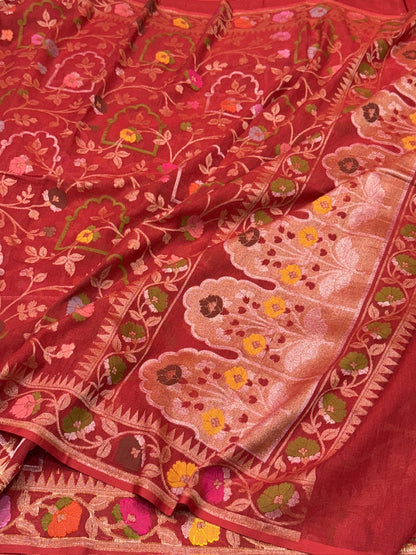 Red Pure Muslin Cotton Jamdani Silk Saree