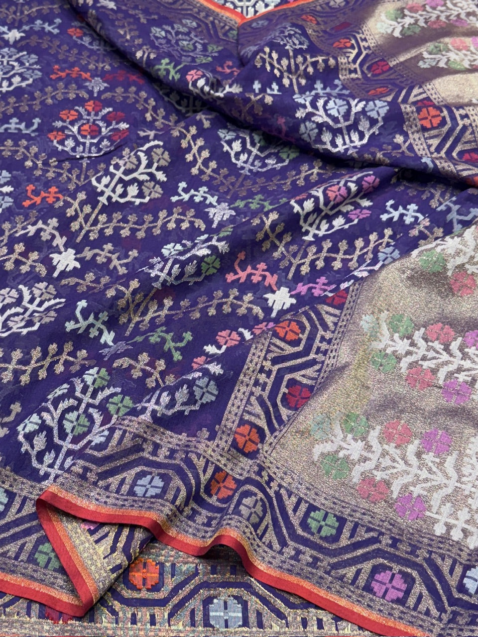 Purple Pure Muslin Cotton Jamdani Silk Saree