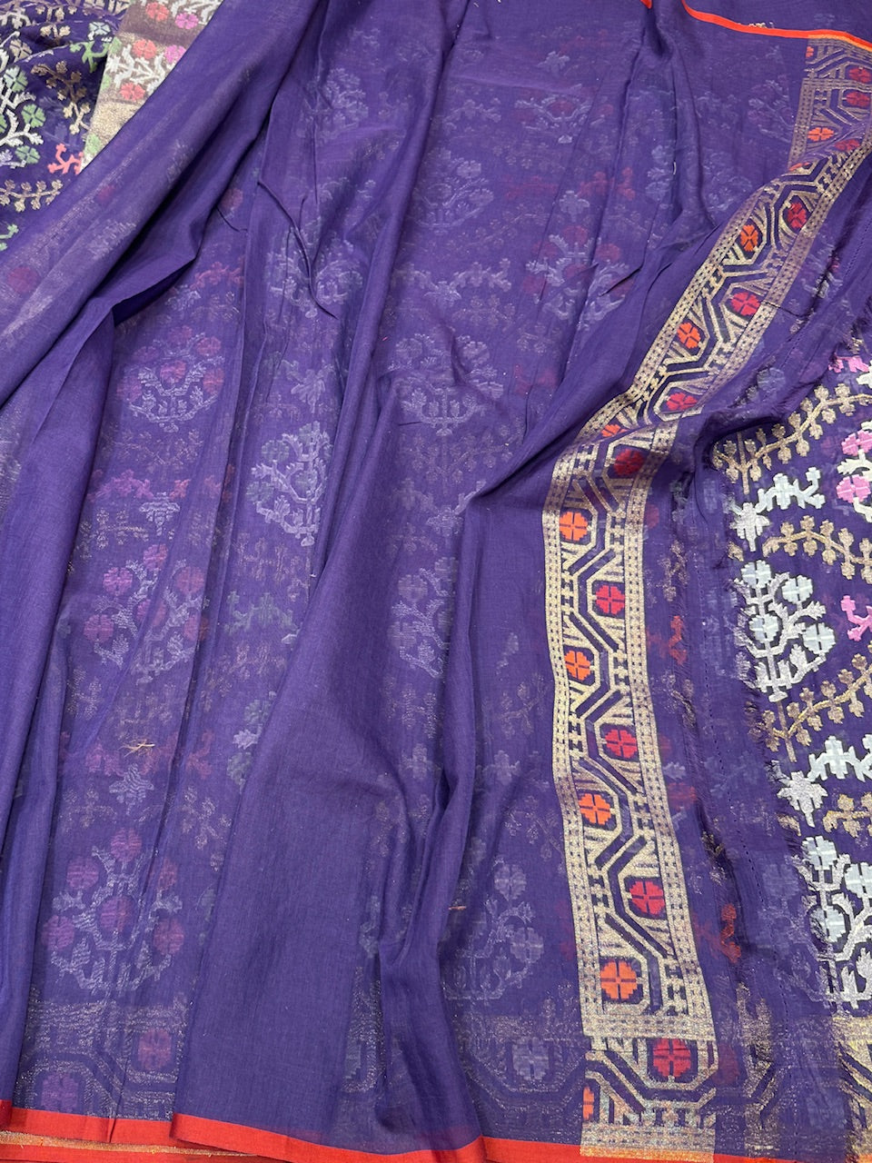 Purple Pure Muslin Cotton Jamdani Silk Saree