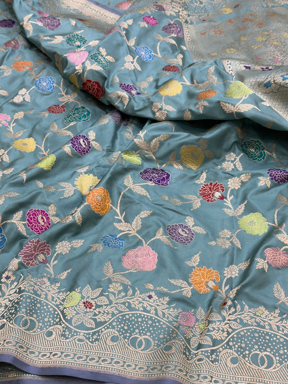 Powder Blue Handwoven Pure Banarasi Silk Saree