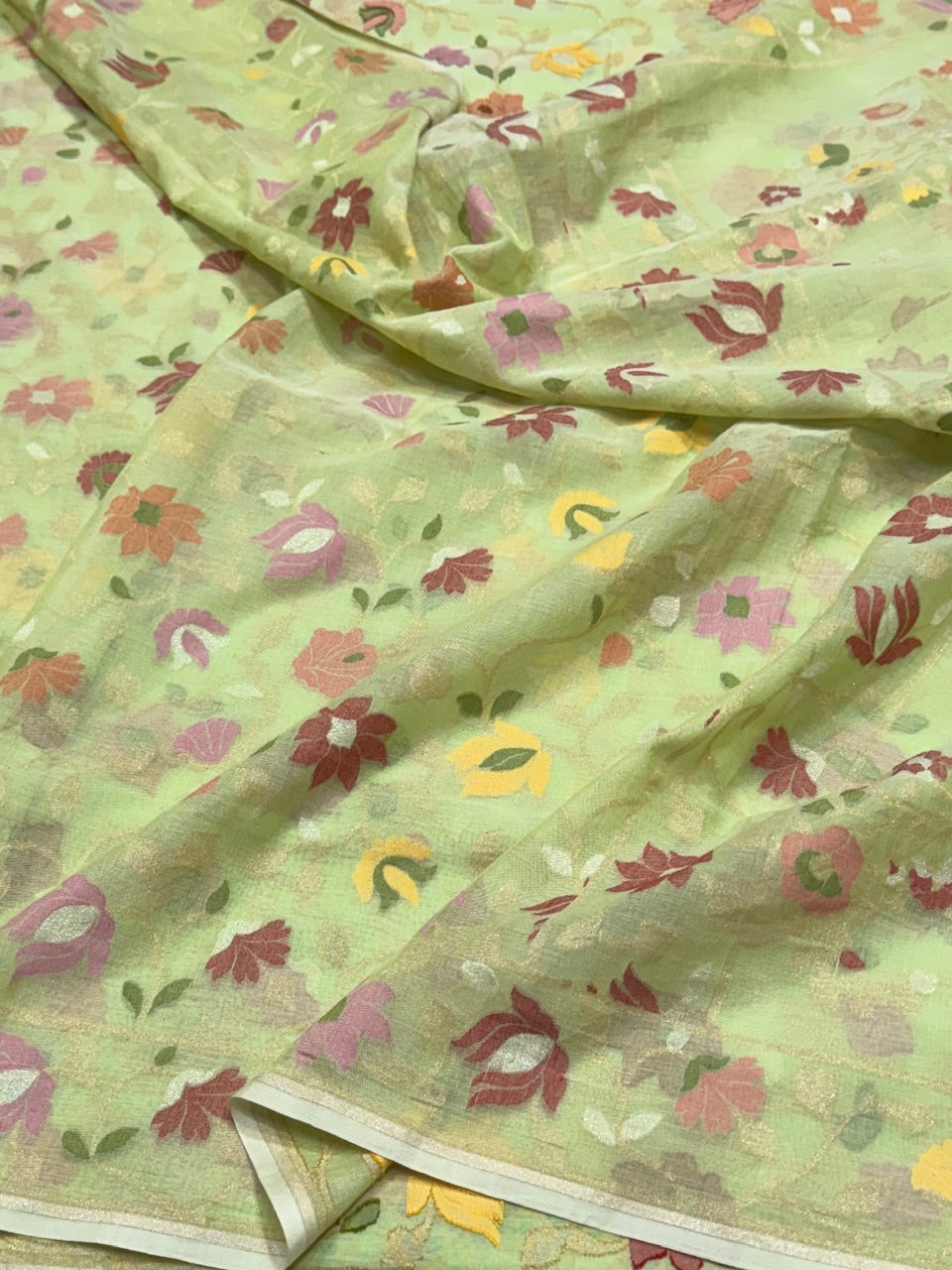 Pista Green Muslin Cotton Jamdani Saree