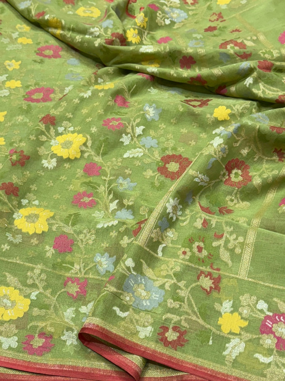 Parrot Green Pure Muslin Cotton Jamdani Saree