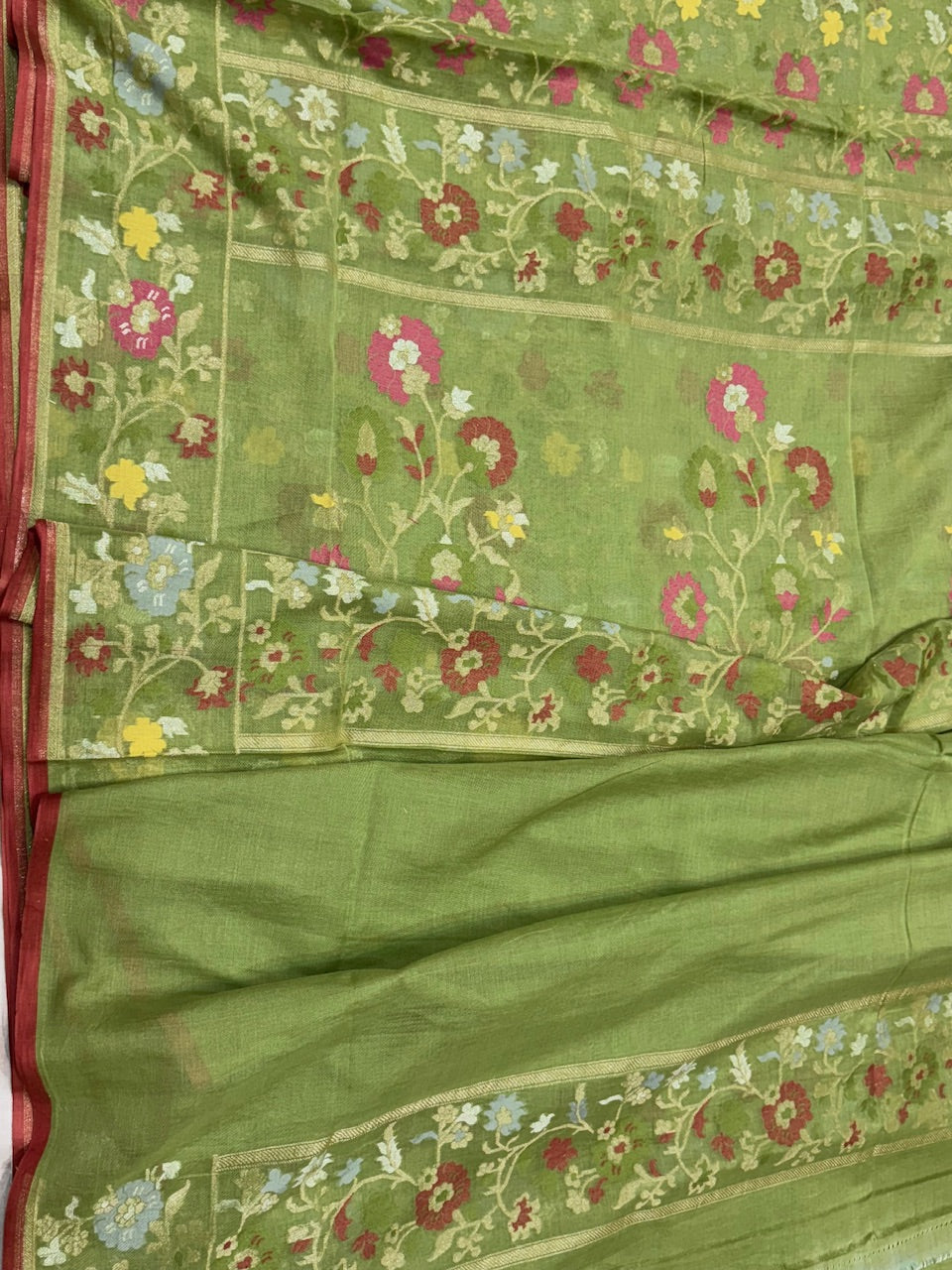 Parrot Green Pure Muslin Cotton Jamdani Saree