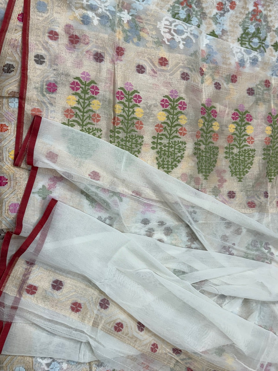 White Pure Muslin Cotton Jamdani Saree