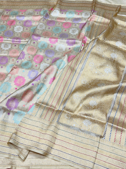 Ivory Handwoven Pure Banarasi Rangkaat Silk Saree