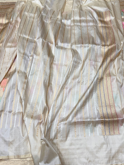 Ivory Handwoven Pure Banarasi Rangkaat Silk Saree