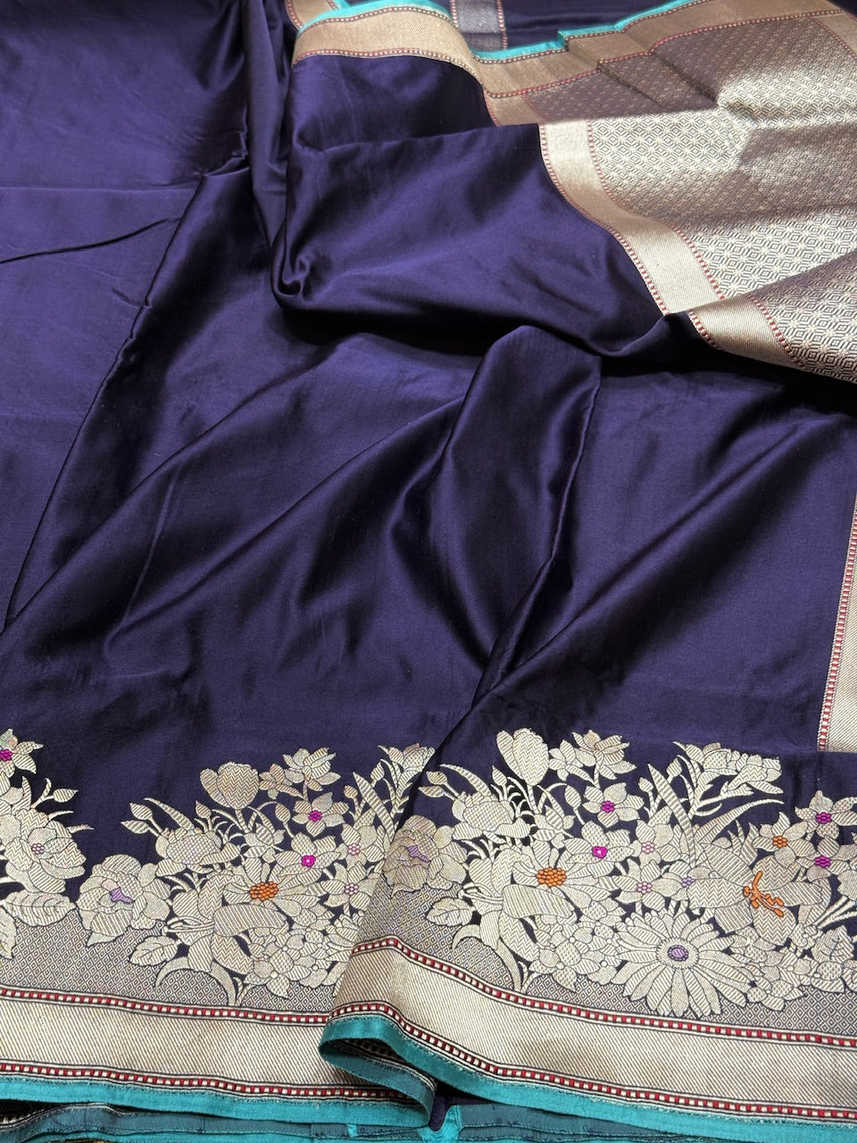 Navy Blue Handwoven Pure Banarasi Satin Silk Saree