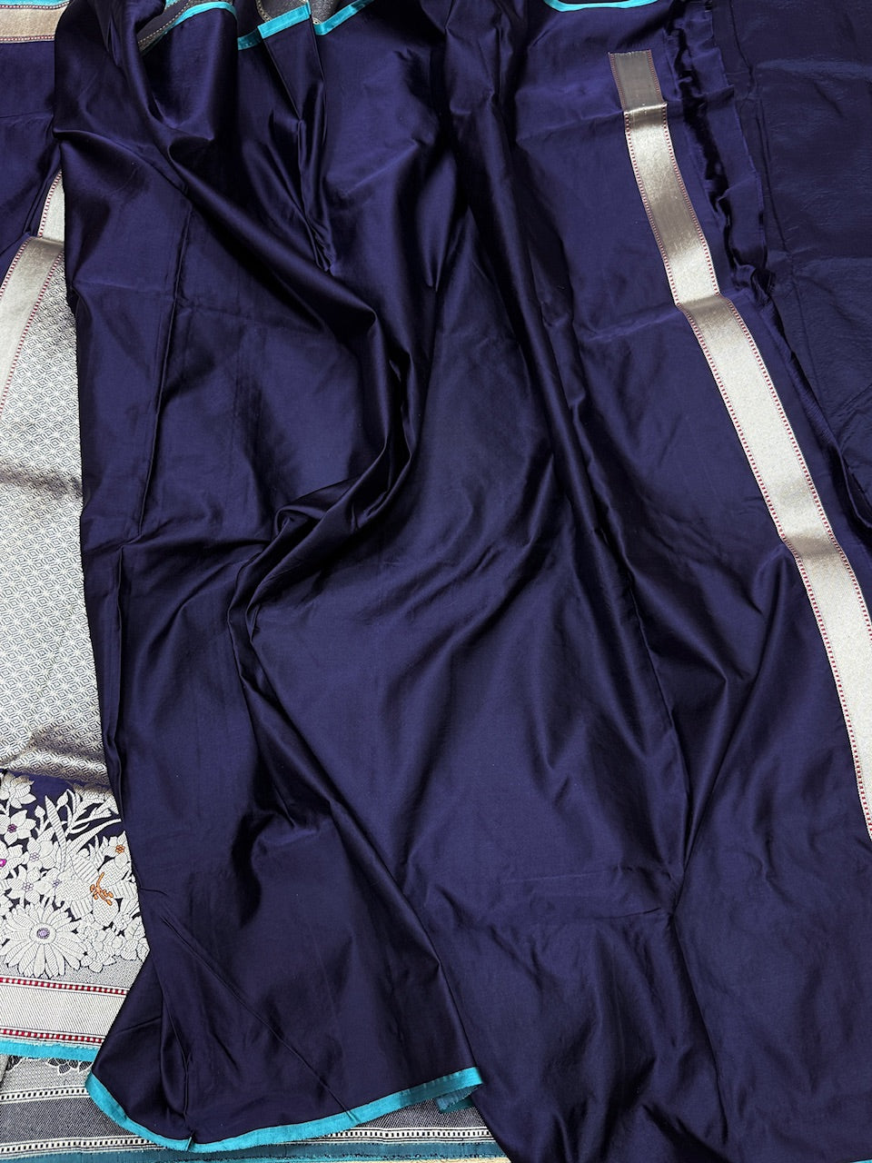 Navy Blue Handwoven Pure Banarasi Satin Silk Saree