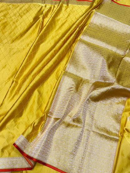 Yellow Handwoven Pure Banarasi Satin Tanchoi Silk Saree