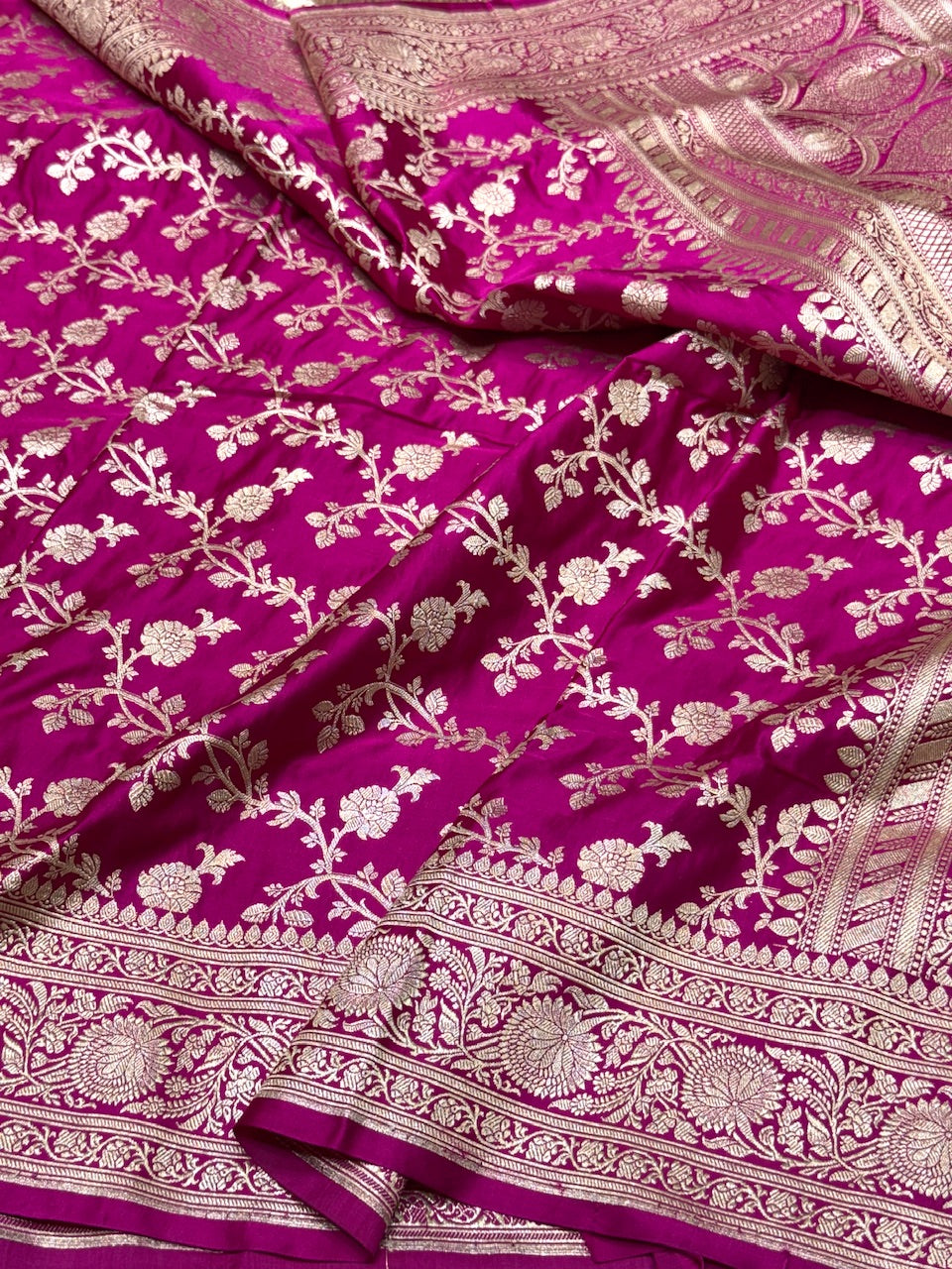 Rani Pink Handwoven Vintage Pure Banarasi Satin Silk Saree
