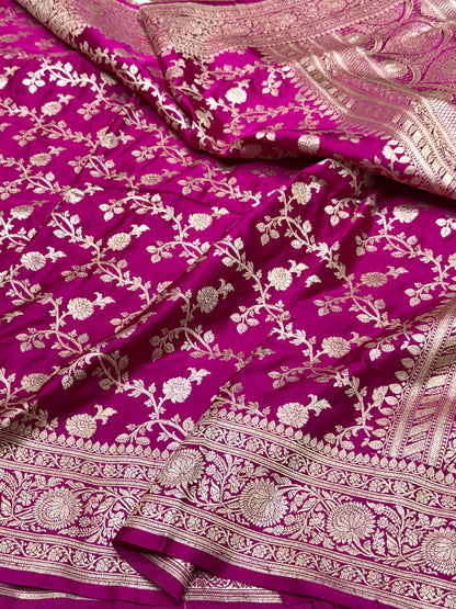 Rani Pink Handwoven Vintage Pure Banarasi Satin Silk Saree