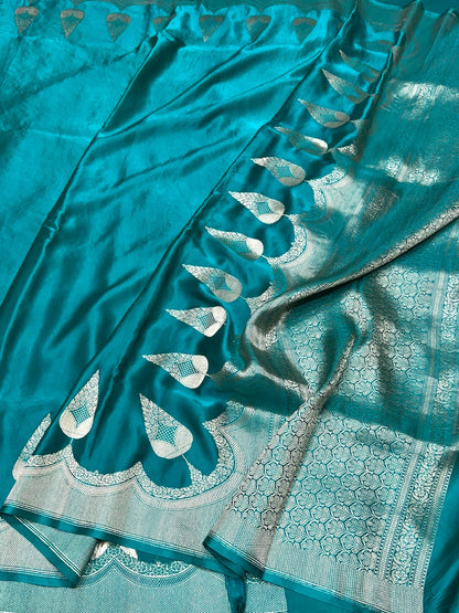 Teal Green Handwoven Pure Mashru Banarasi Satin Silk Saree