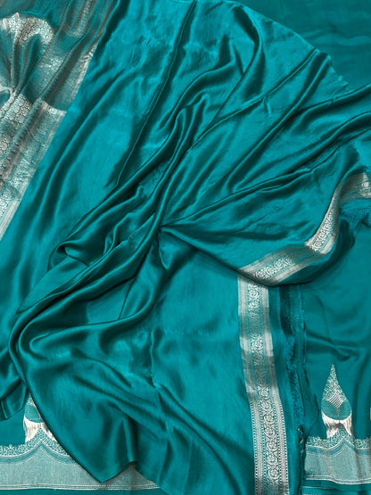 Teal Green Handwoven Pure Mashru Banarasi Satin Silk Saree