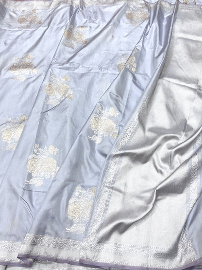 Cool Grey Handwoven Pure Banarasi Ektara Silk Saree