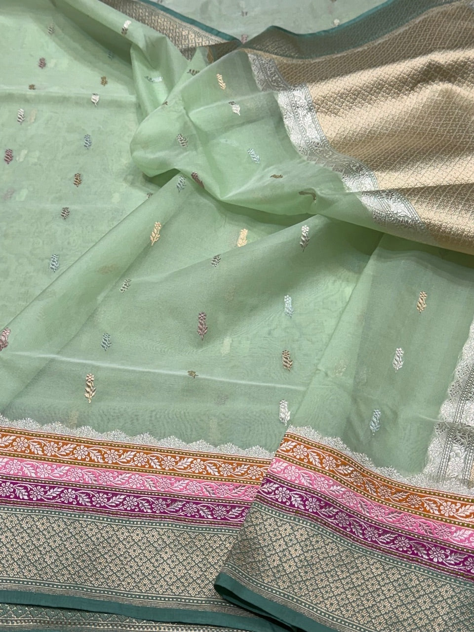 Pista Handwoven Organza Saree