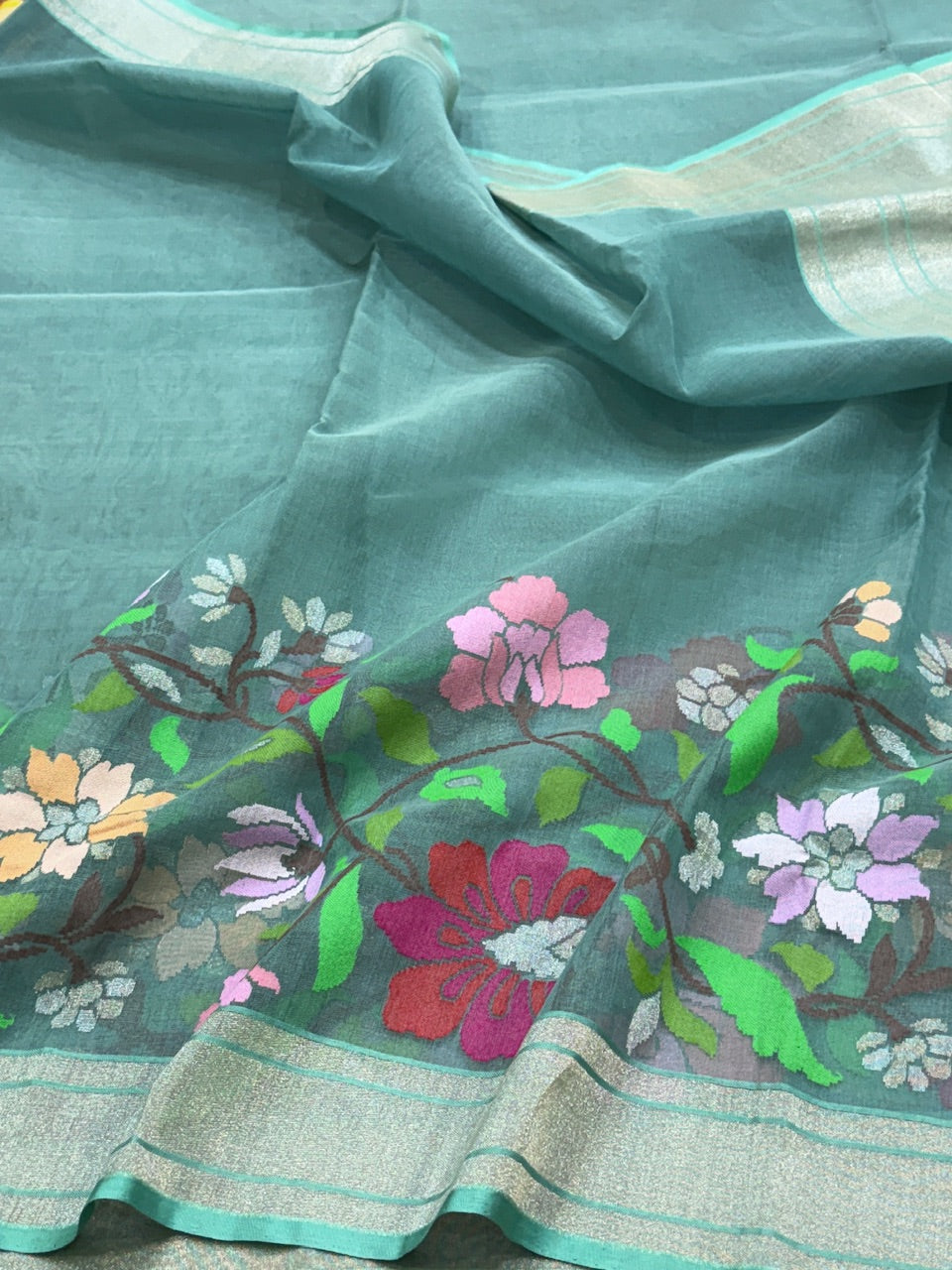 Powder Blue Handwoven Pure Kora Cotton Jamdani Saree