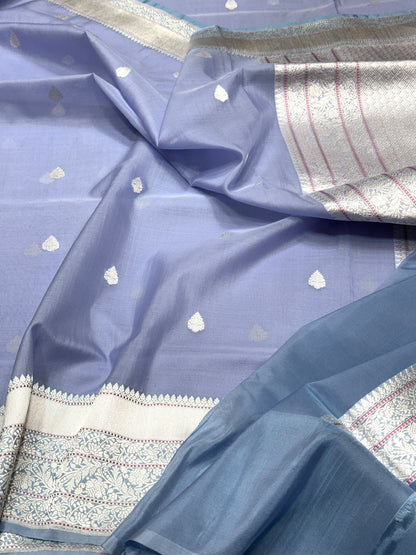 Bluish Grey Handwoven Pure Organza Silk Saree