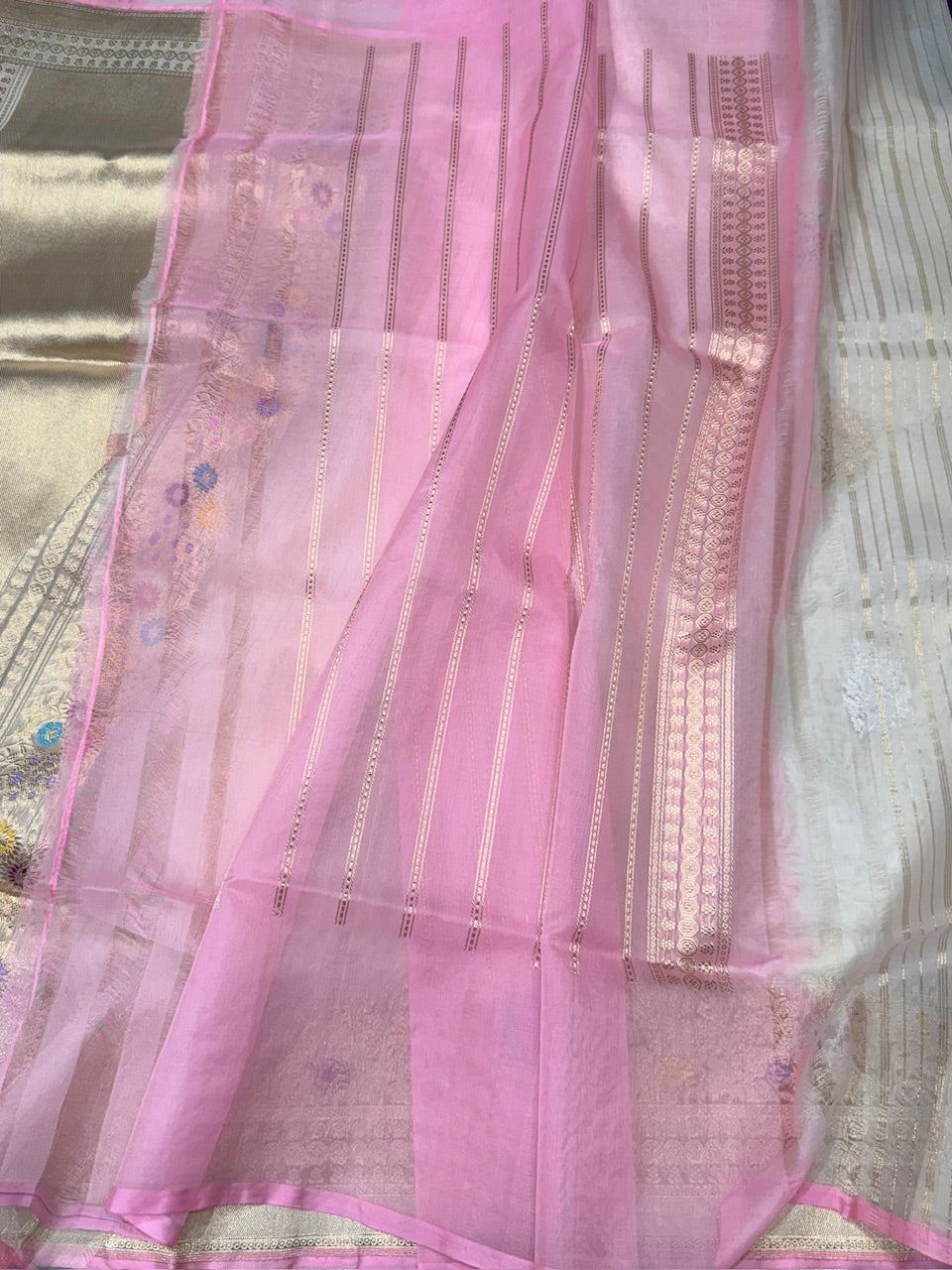 White Handwoven Pure Organza Saree