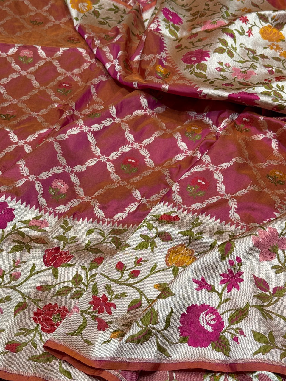 Orangish Pink Paithni Minakari Pure Silk Saree
