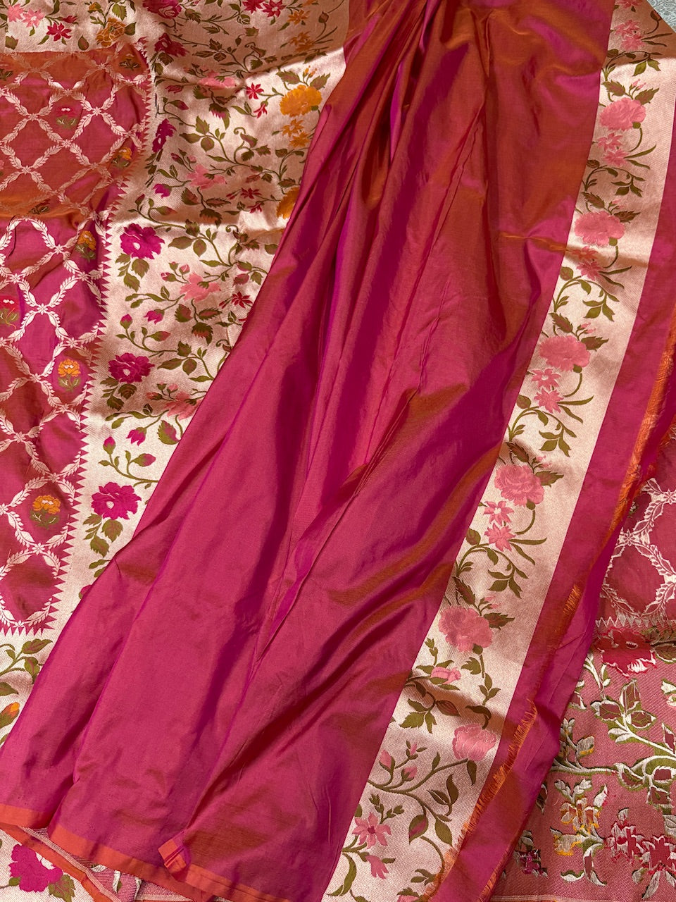 Orangish Pink Paithni Minakari Pure Silk Saree