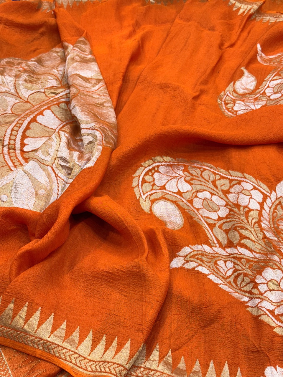 Orange Banarasi Pure Tussar Georgette Saree