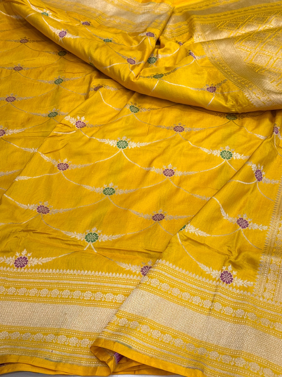 Yellow Banarasi Minakari Pure Katan Silk Saree | Pure Silk | Minakari Work | Cutwork Technique | Banarasi Katan Silk Saree