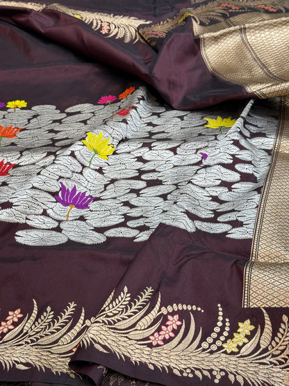 Wine Handwoven Pure Banarasi Silk Saree