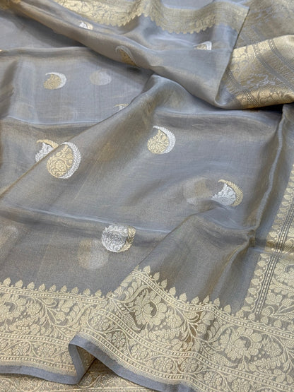 Grey Handwoven Pure Banarasi Tissue Saree