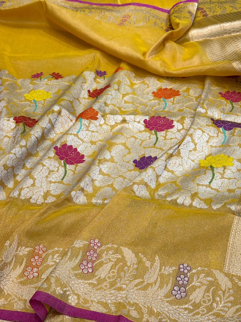 Yellow Handwoven Pure Banarasi Tissue Saree
