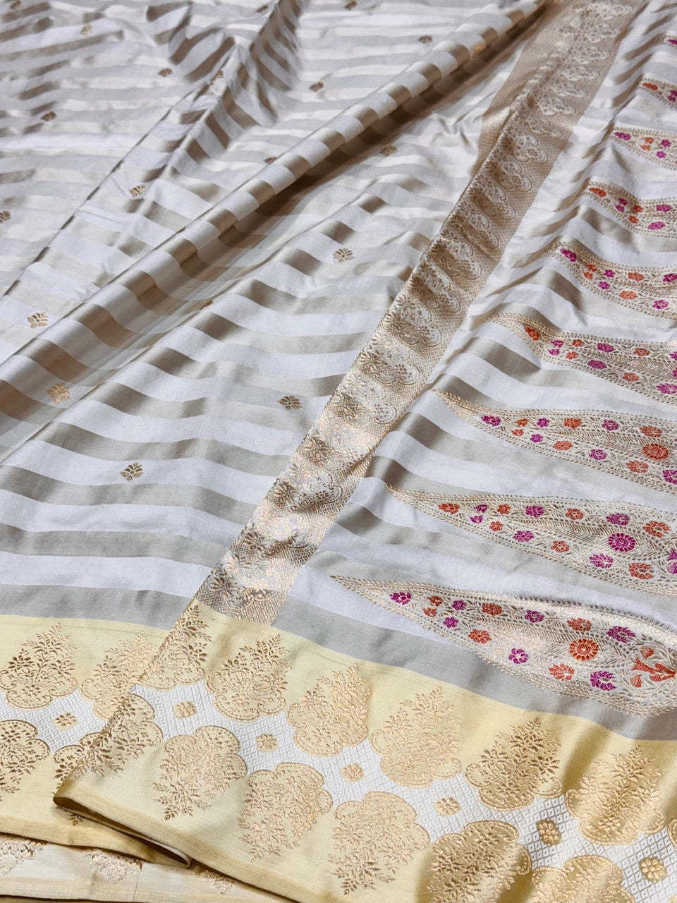 Ivory Banarasi Satin Silk Saree