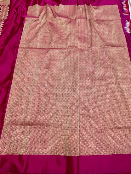 Rani Pink Handwoven Pure Banarasi Mashru Satin Silk Saree