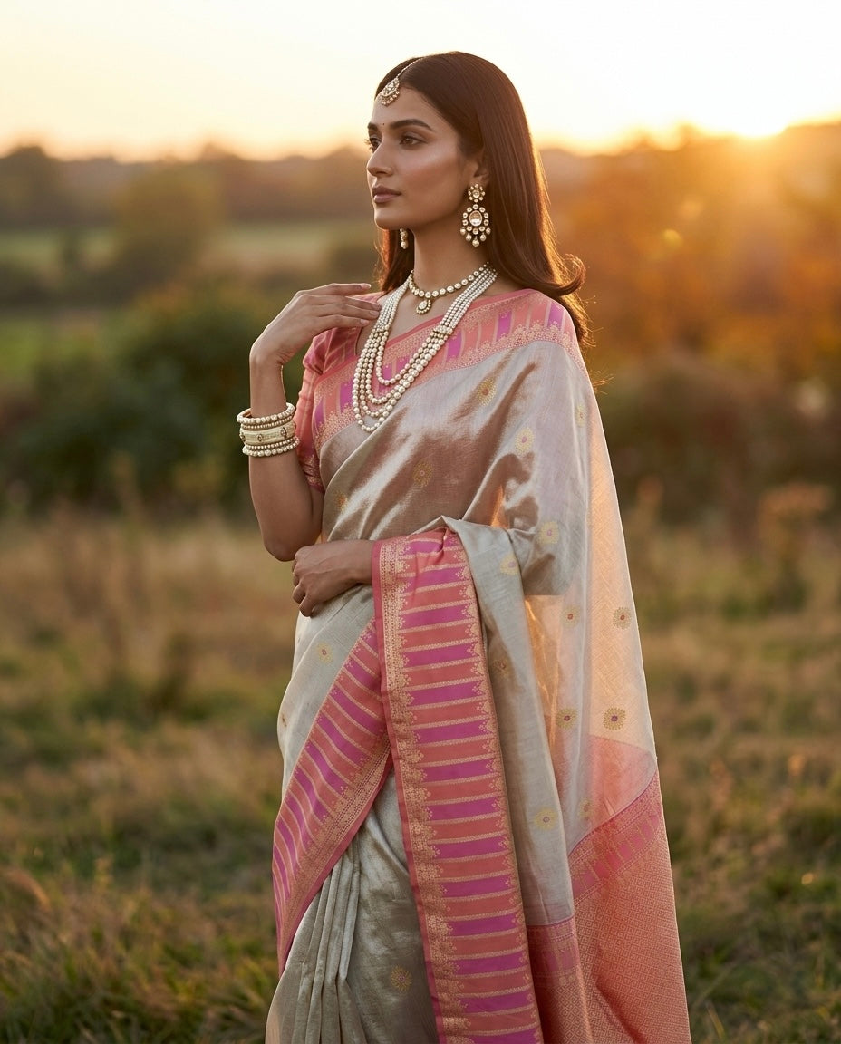Rose Gold Handwoven Banarasi Pure Tissue Saree