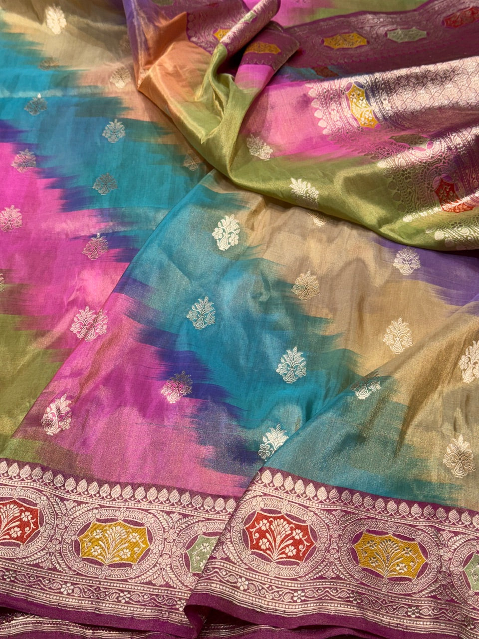 Rani Pink Rainbow Handwoven Pure Tissue Saree