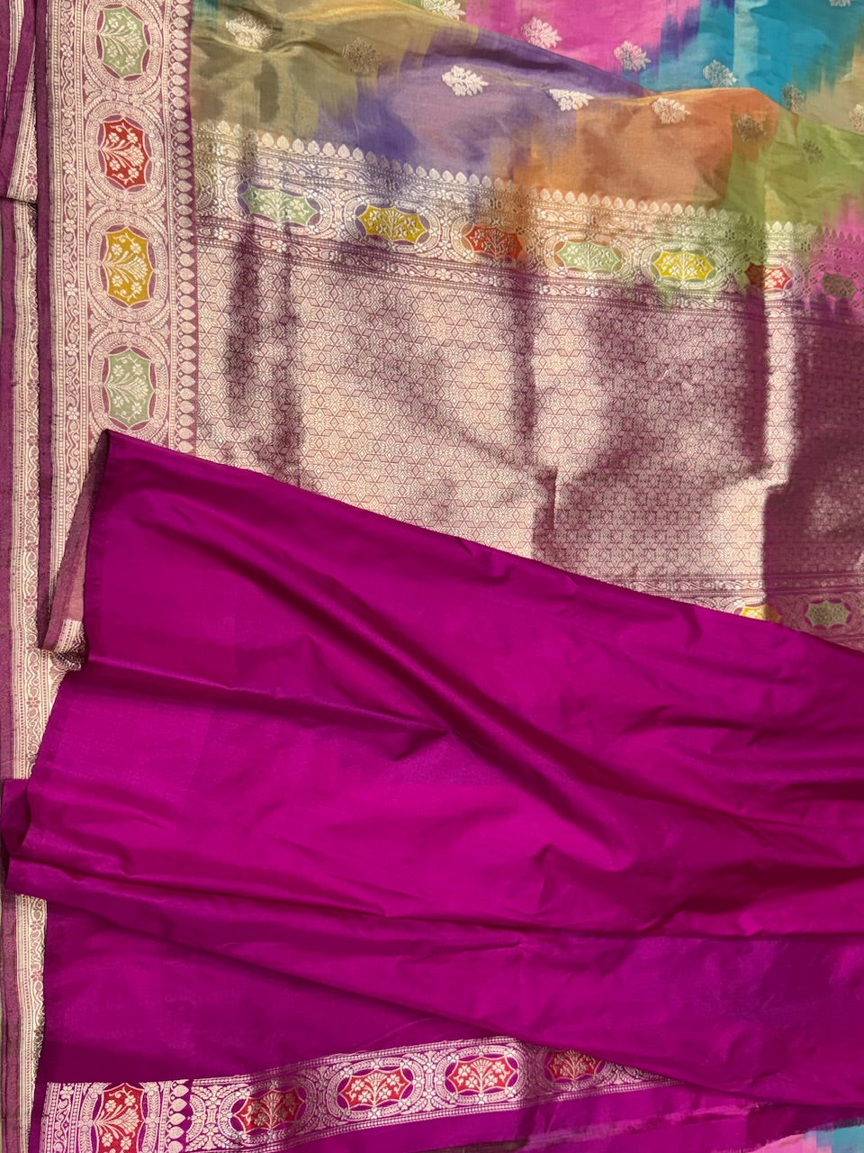 Rani Pink Rainbow Handwoven Pure Tissue Saree