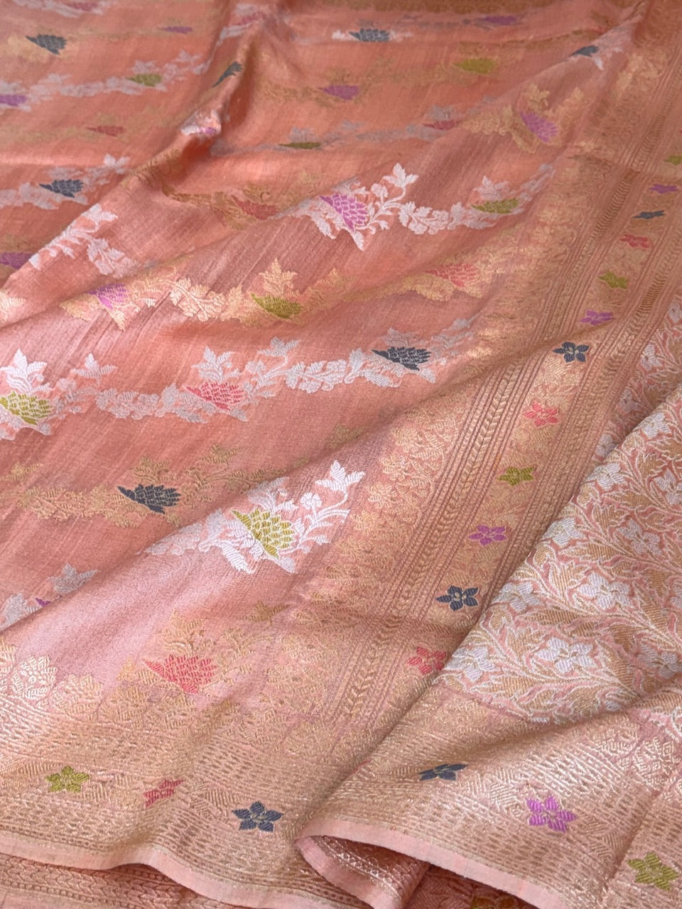 Peach Handwoven Tussar Georgette Saree