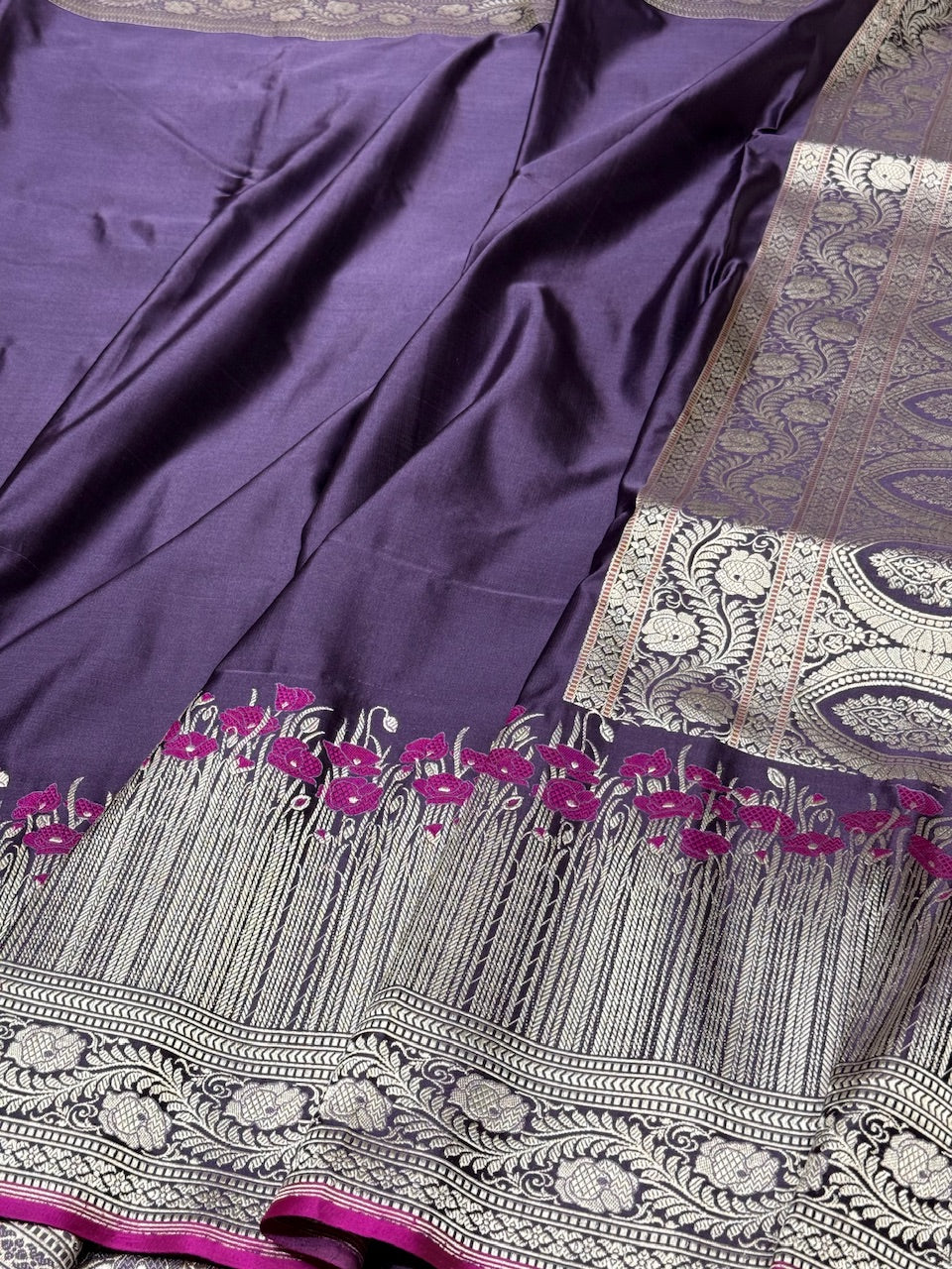 Handwoven Pure Banarasi Satin Silk Saree – Kadwa Weave | 100% Pure Satin Silk | Authentic Banaras Handloom
