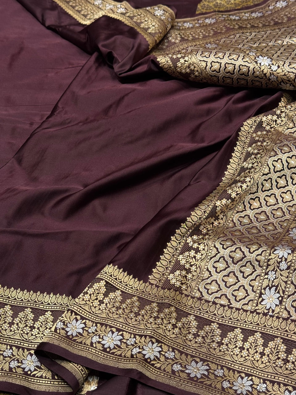 Coffee Handwoven Pure Satin Silk Saree