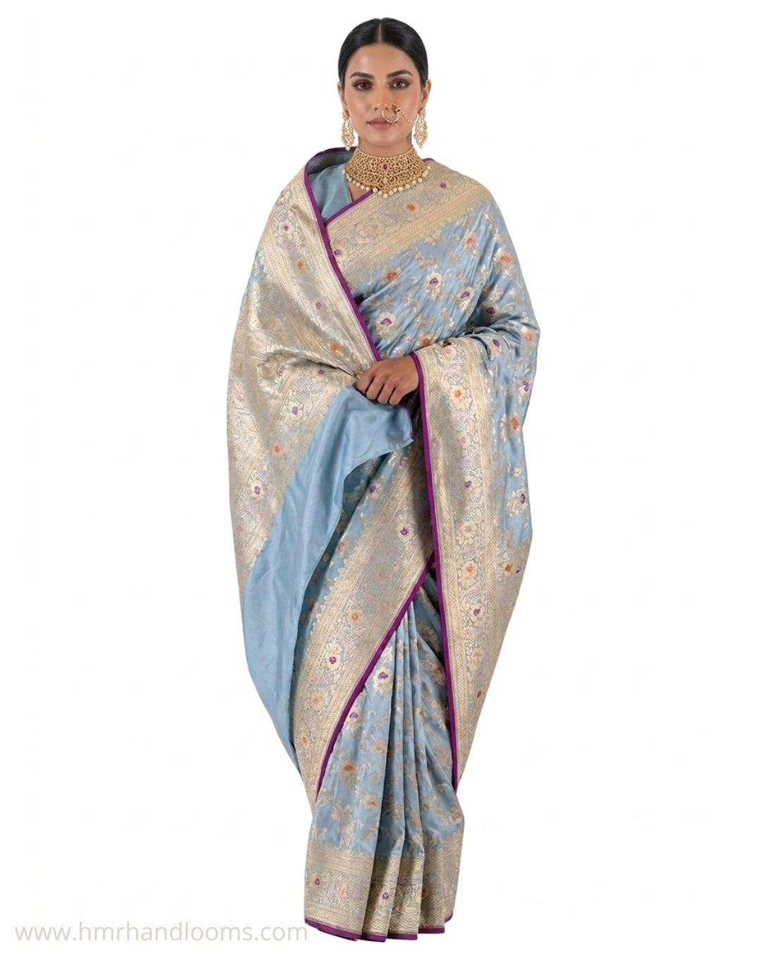 Powder Blue Handwoven Pure Banarasi Silk Saree | Pure Katan Silk | Kadwa Weave | HMR Handlooms