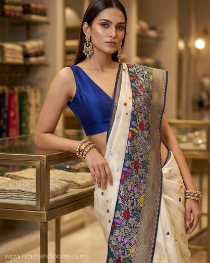 Ivory Handwoven Pure Organza Silk Saree – Kadwa Weave, Kora-Mulberry Silk, Black Skirt Border Saree